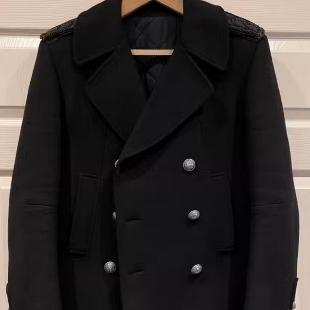 NWOT Men's Balmain Cashmere Quilted Double Breasted Pea Coat Jacket 52 50 48